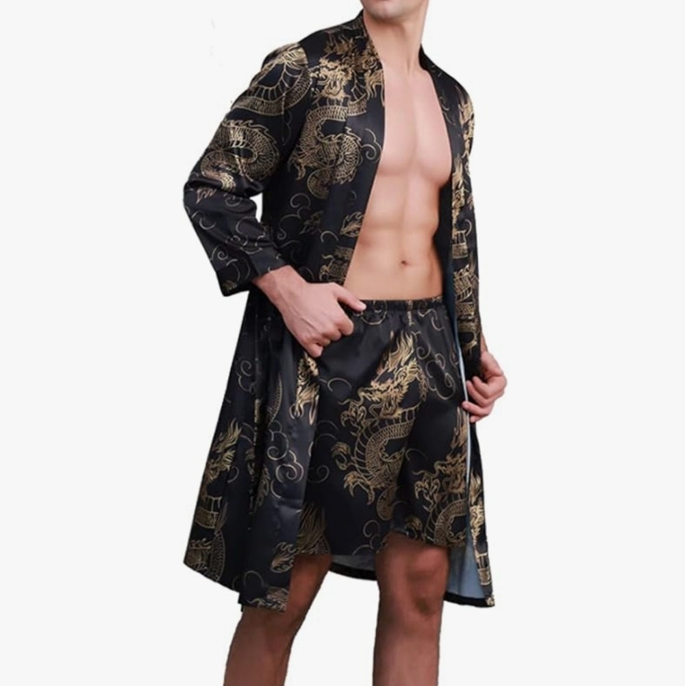 Cososa Black Satin Long Sleeve Kimono Golden Dragon Print Bathrobe Size 2X